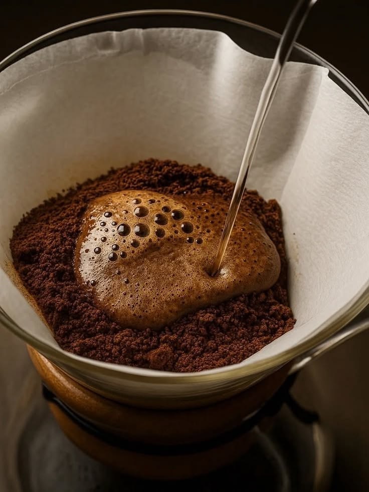 A pour-over in progress: a thin stream of hot water falling onto fresh grounds in a paper filter as the coffee blooms into a foamy, bubbling dome.