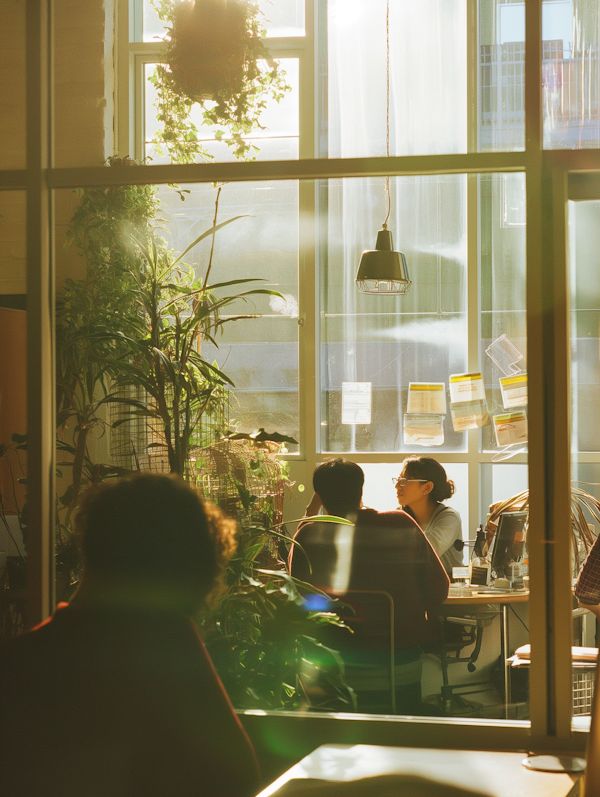 Guests seen through a tall sunlit window, sitting close together at a table among hanging plants, a single pendant lamp above them and afternoon light flaring across the glass.